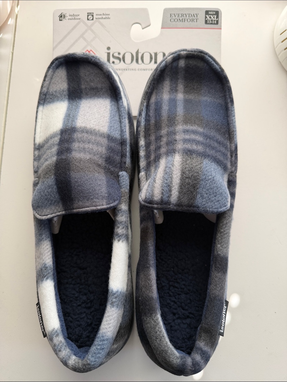 isotoner Men’s Blue and Gray Plaid Slip-On Slippers